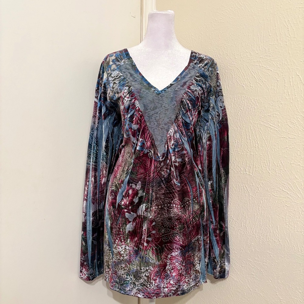 Y2K Purple Blue Velvet Lace Whimsical Fairy Long Sleeve Tunic Top Whimsigoth XL